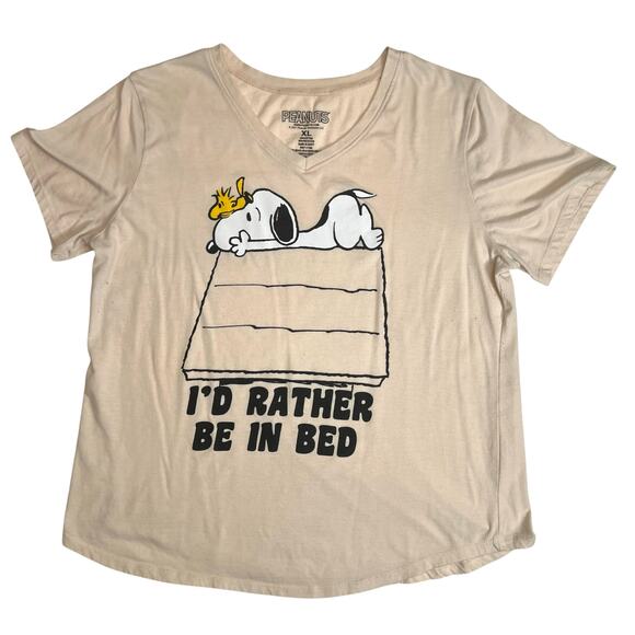 Peanuts Snoopy Woodstock I’d Rather Be in Bed T-Shirt XL Beige V-Neck 2021 Tee - Picture 8 of 10